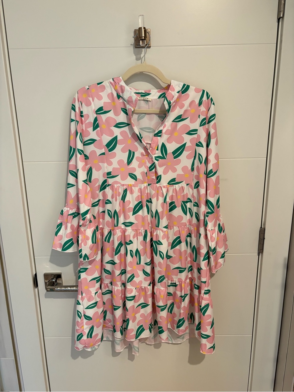 Pink Floral Tiered Mini Dress with Green Leaf Motif